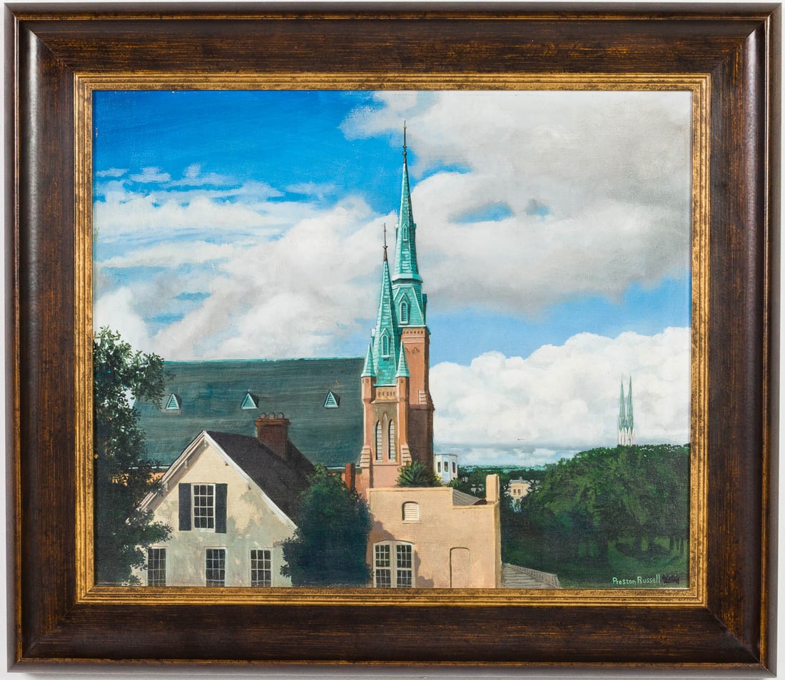 Preston Russell (1942-2021) Wesley Monumental Church: Property of a Private Collector, Boca Raton, FL Description: Preston Russell (Savannah, 1942-2021), Wesley Monumental Church, Oil on Canvas, 1999, signed lower right, signed, titled and dated on