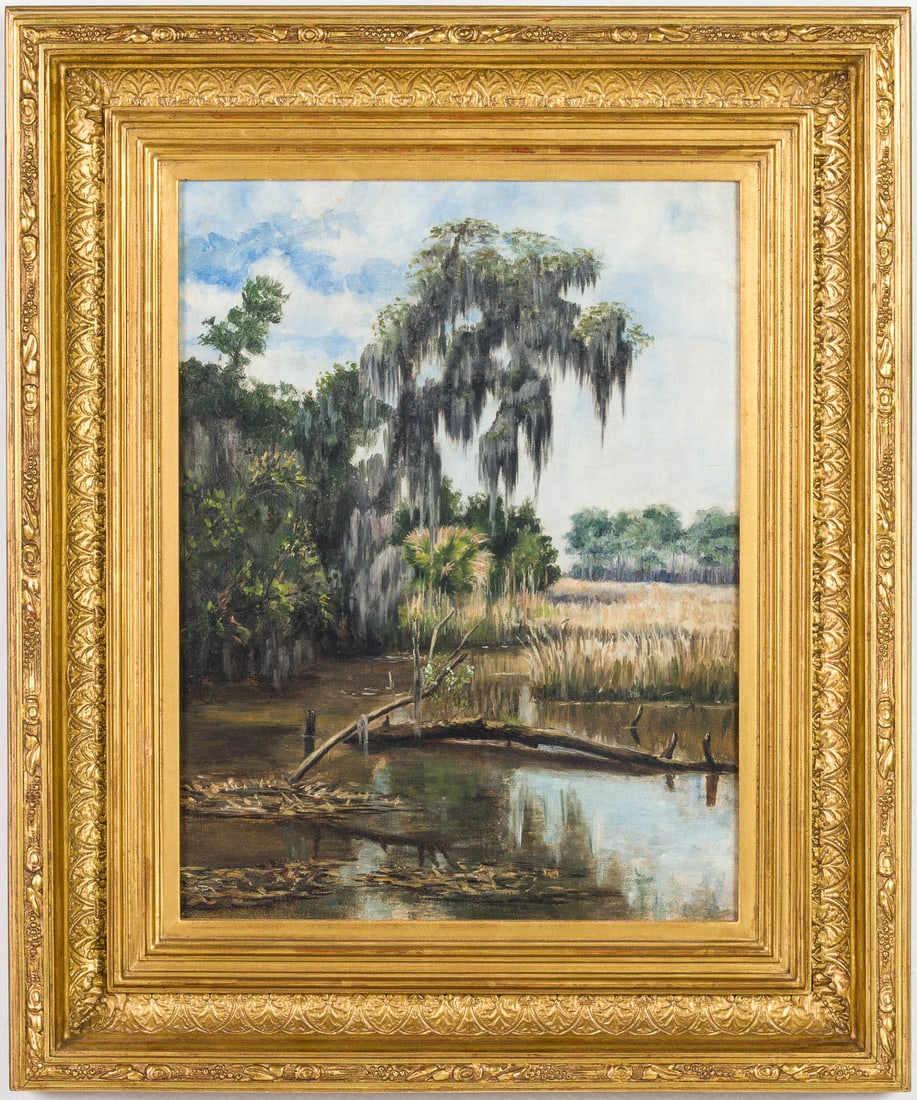 Ludmilla Pilat Welch (1867-1925), Salt Marsh, O/C: Property of a Private Collector, Boca Raton, FL Description: Ludmilla Pilat Welch (American, 1867-1925), Salt Marsh, Oil on Canvas, 1893, with a gallery tag on verso, depicting a Southern marsh with