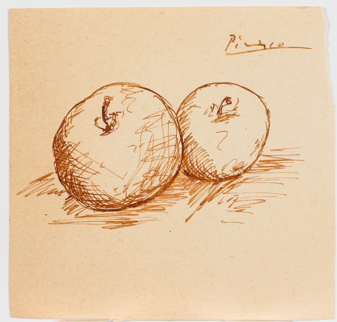 Possibly Pablo Picasso, Ink Drawing of Apples: Property of a Florida Private Collector Description: Possibly Pablo Picasso, Ink Drawing of Apples, signed "Picasso" upper right, unframed. Measurements: Height: 4 7/8 in. x Width: 5 in.