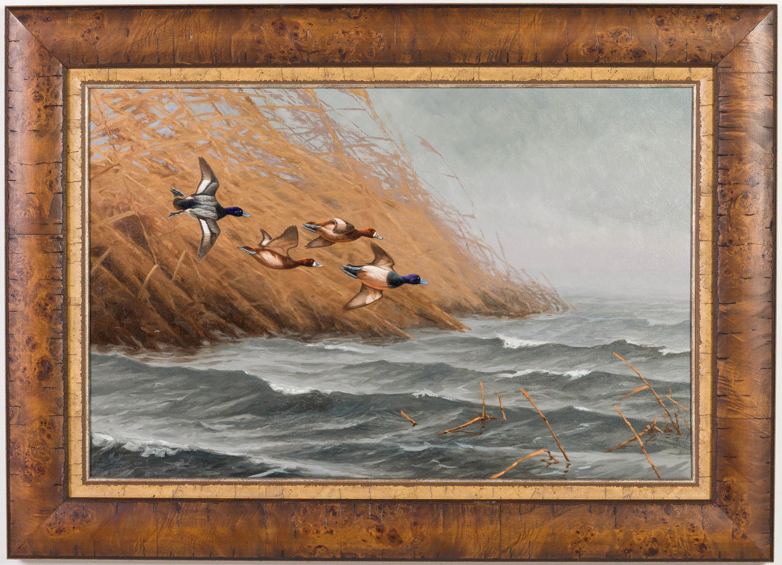 Jim Rataczak, Storming Through Blue Bills, O/C, 2013: Property of a Private Collector, Boca Raton, FL Description: Jim Rataczak (American, 21st C), Storming Through Blue Bills, O/C, 2013, signed, titled and dated on verso, depicting ducks in flight over