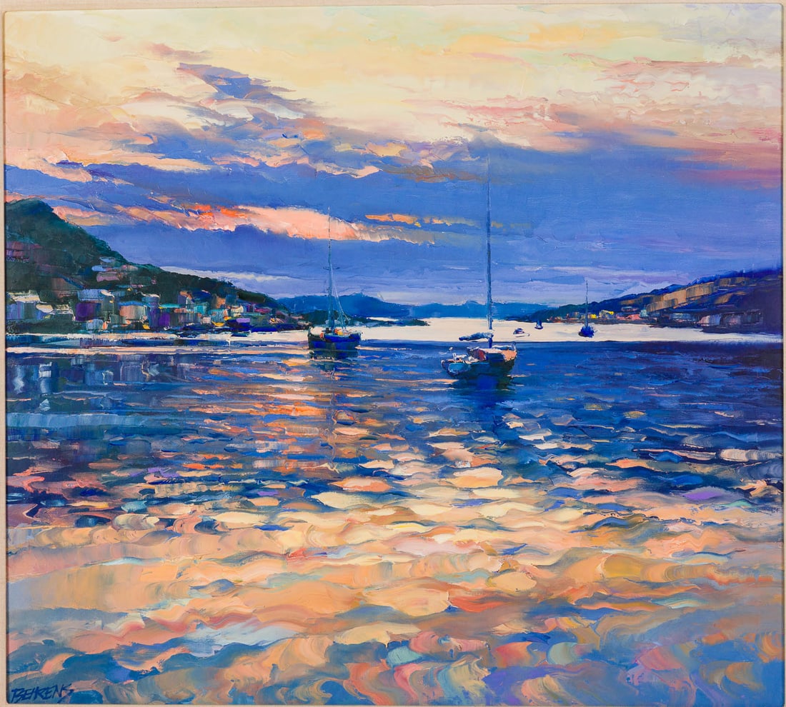 Howard Behrens (1933-2014), Sunset in Greece, O/C: Property from a Private Collection, Savannah, GA Description: Howard Behrens (DC/IL, 1933-2014), Sunset in Greece, O/C, signed lower left, depicting a coastal scene at sunset, in a giltwood frame