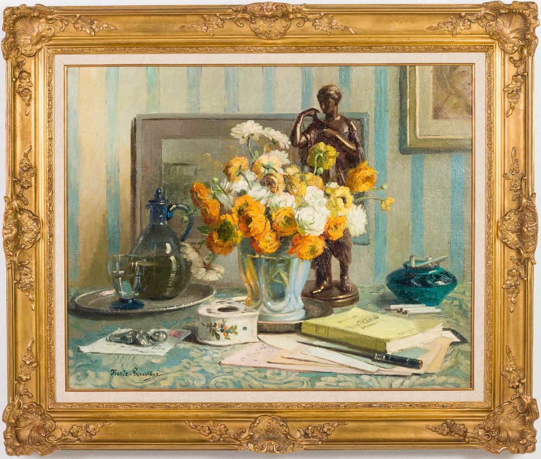 Marie Gautier (French, 1867-1960) Nature Morte, O/C: Property of a Private Collector, Boca Raton, FL Description: Marie Gautier (French, 1867-1960), Nature Morte, O/C, signed lower left, depicting a still life with flowers and bronze sculpture again