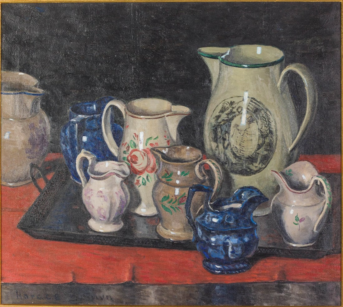 Horace Brown (IL/NY, 1876-1949), Still Life, O/C: Property of a Private Collector, Savannah, GA Description: Horace Brown (IL/NY, 1876-1949), Still Life, Oil on Canvas, signed lower left, depicting floral-patterned pitchers on a tray against dark