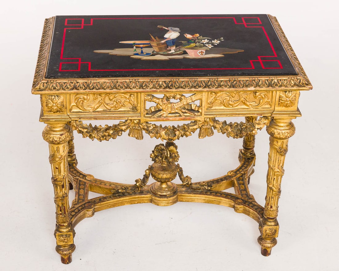 Louis XVI Style Giltwood Table w Pietra Dura Top (1 of 16)