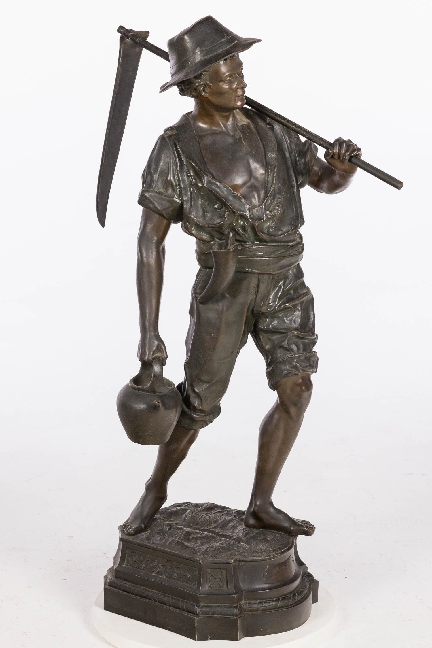 Louis Demenech, Faucheur, Metal, 19th C: Property of a Private Collector, Savannah, GA Description: Louis Demenech, Faucheur, Metal, 19th C, the base with plaque 'Faucheur par Domenech (sculpr), Medaille au salon de 1905', depicting a ma