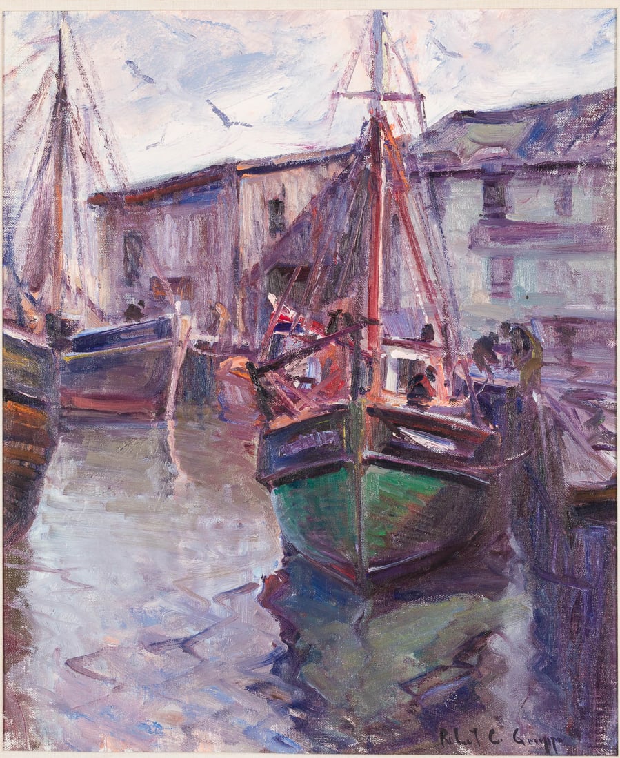 Robert Gruppe (American, b 1944), Fishing Boat, O/C: Property of a South Carolina Private Collector Description: Robert Gruppe (American, b 1944), Fishing Boat, O/C, signed lower right, depicting a harbor dock with several boats and figures, in a wo