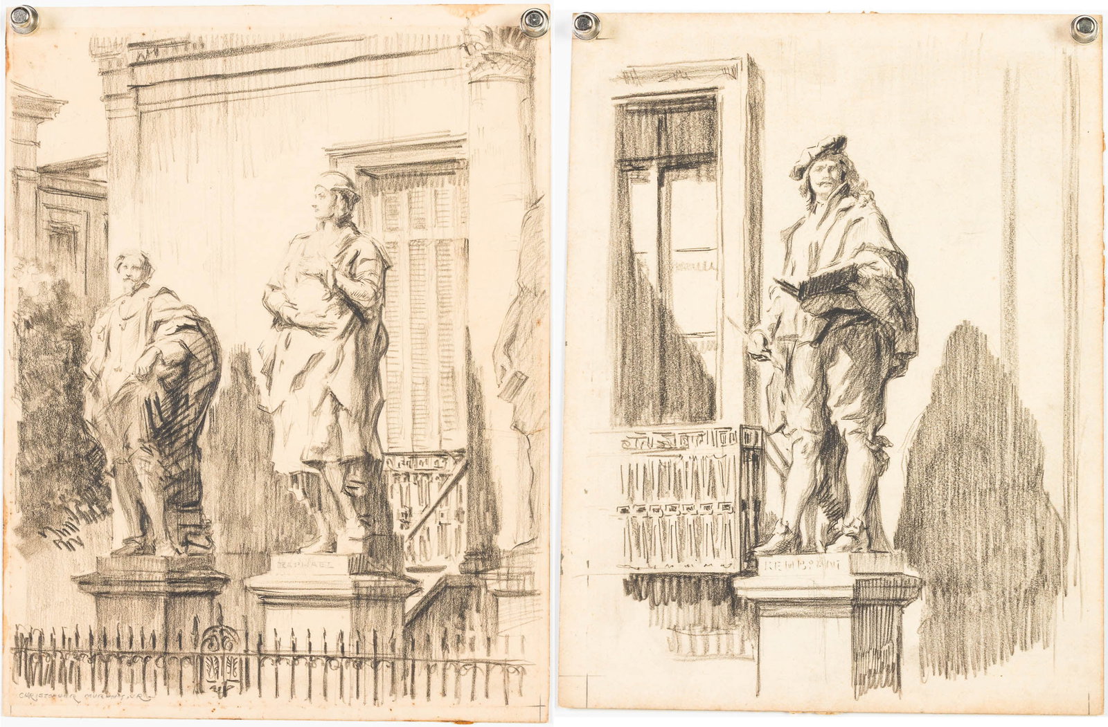 Christopher Murphy Jr., 2 Drawings of Telfair: Property from a Private Collector, Main Description: Christopher Murphy Jr. (Savannah, 1902-1973), Two Works of the Telfair, one signed lower left, depicting two sculptures against in front of the