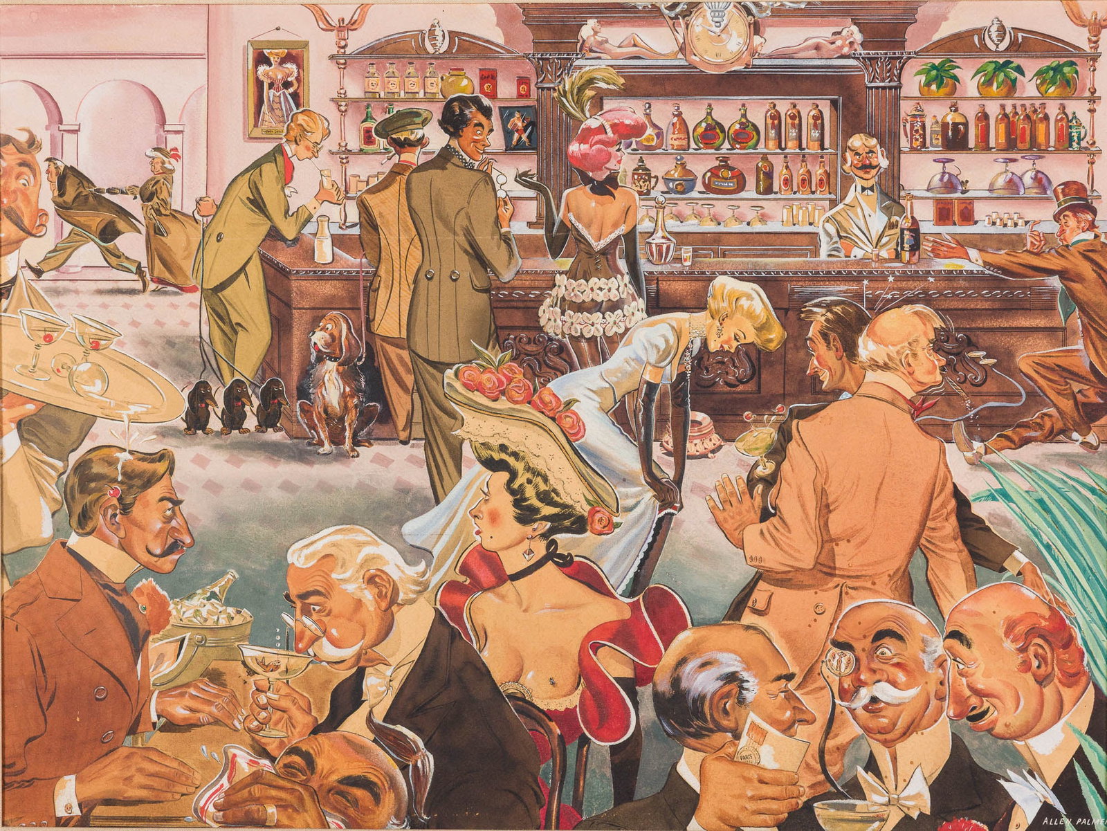 Allen Palmer (SC, 20th C) Savannah Panorama, Gouache: Description: Allen Palmer (SC, 20th C), Savannah Panorama, 1860, Gouache on Illustration Board, signed lower right, depicting figures in a bar, in a giltwood frame with linen mat and artist's