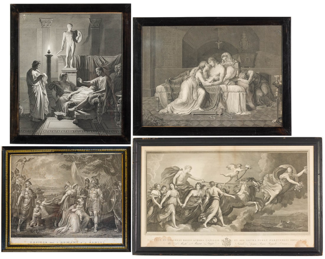 4 Italian & French Engravings: Property of Bliss Hebert and Allen Charles Klein Description: 4 Italian & French Engravings, comprising print after Charles Simon Pradier "Tu Marcellus Eris" (1/4 in. hole to the top left corner,