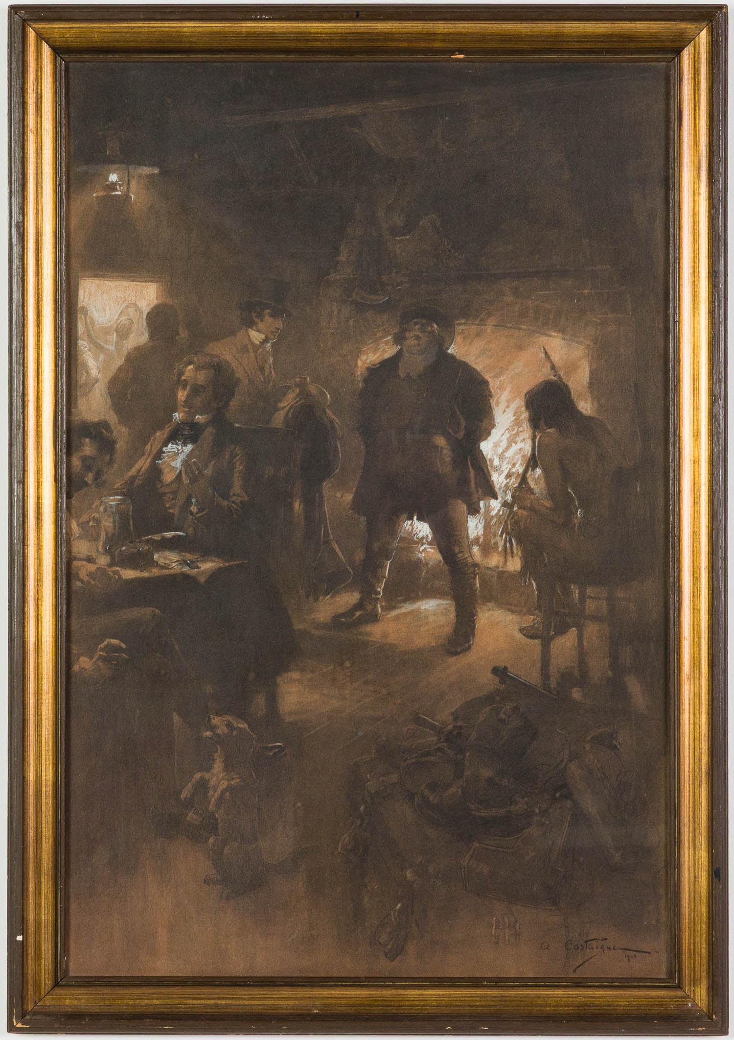 Andr? Castaigne (1861-1929), Tavern Scene, Charcoal: Property of a Private Collector, Florida Description: Andr? Castaigne (French, 1861-1929), Tavern Scene, Charcoal on Paper, 1906, signed and dated lower right, depicting an interior tavern scene with