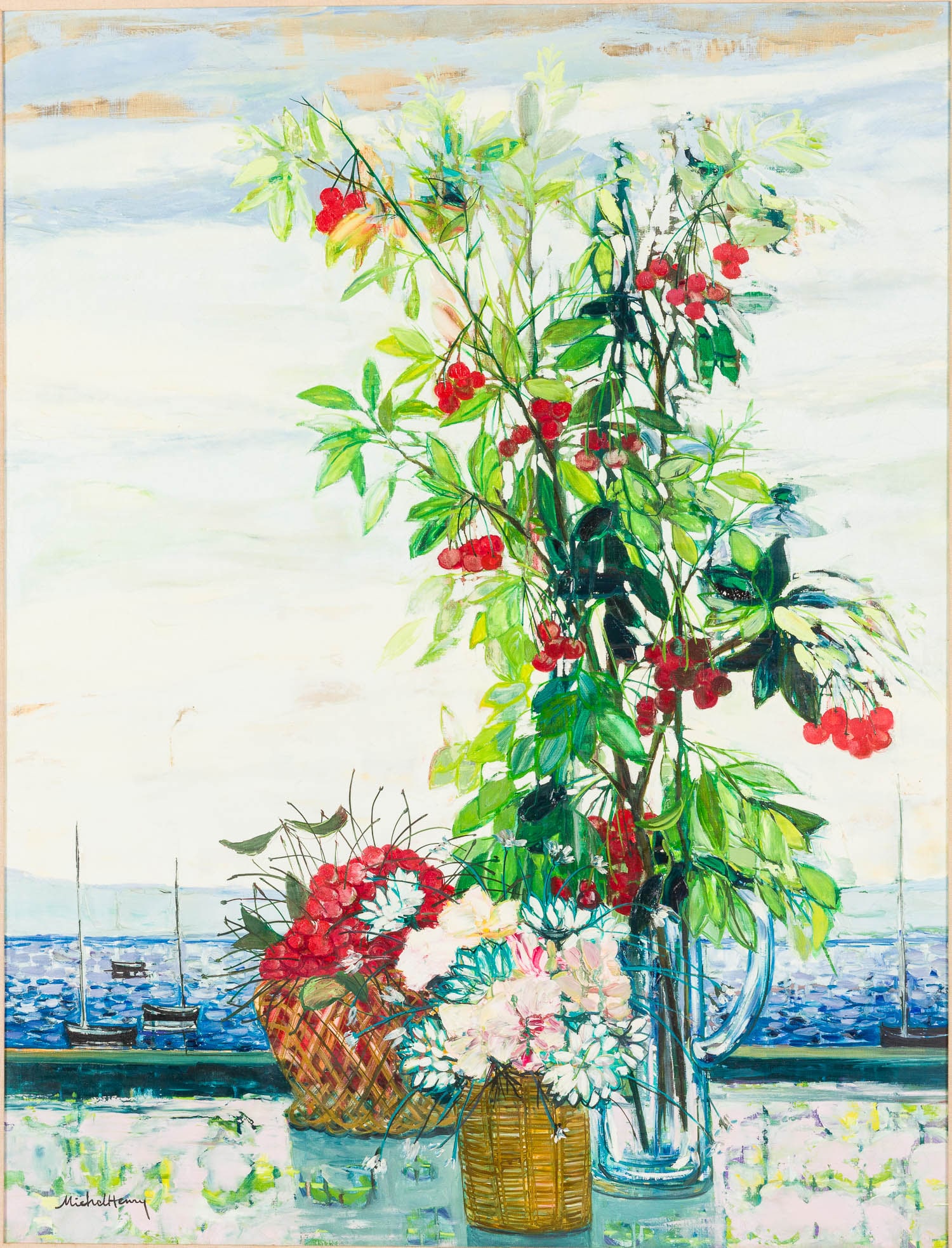Michel Henry (1928-2016) Le Branche de Cerisiers O/C: Property from a Private Collection, Savannah, GA Description: Michel Henry (French, 1928-2016), Le Branche de Cerisiers, O/C, signed lower left, depicting flowers and berries in baskets against a