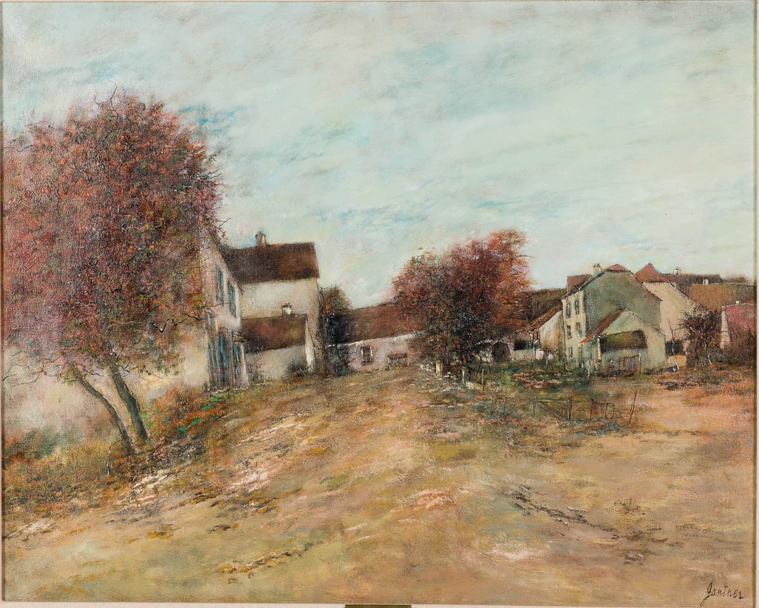 Bernard Gantner (1928-2018) La Joie de L'Automne O/C: Property from a Private Collection, Savannah, GA Description: Bernard Gantner (French, 1928-2018), La Joie de L'Automne, O/C, signed lower right, depicting a village street with houses and trees, in