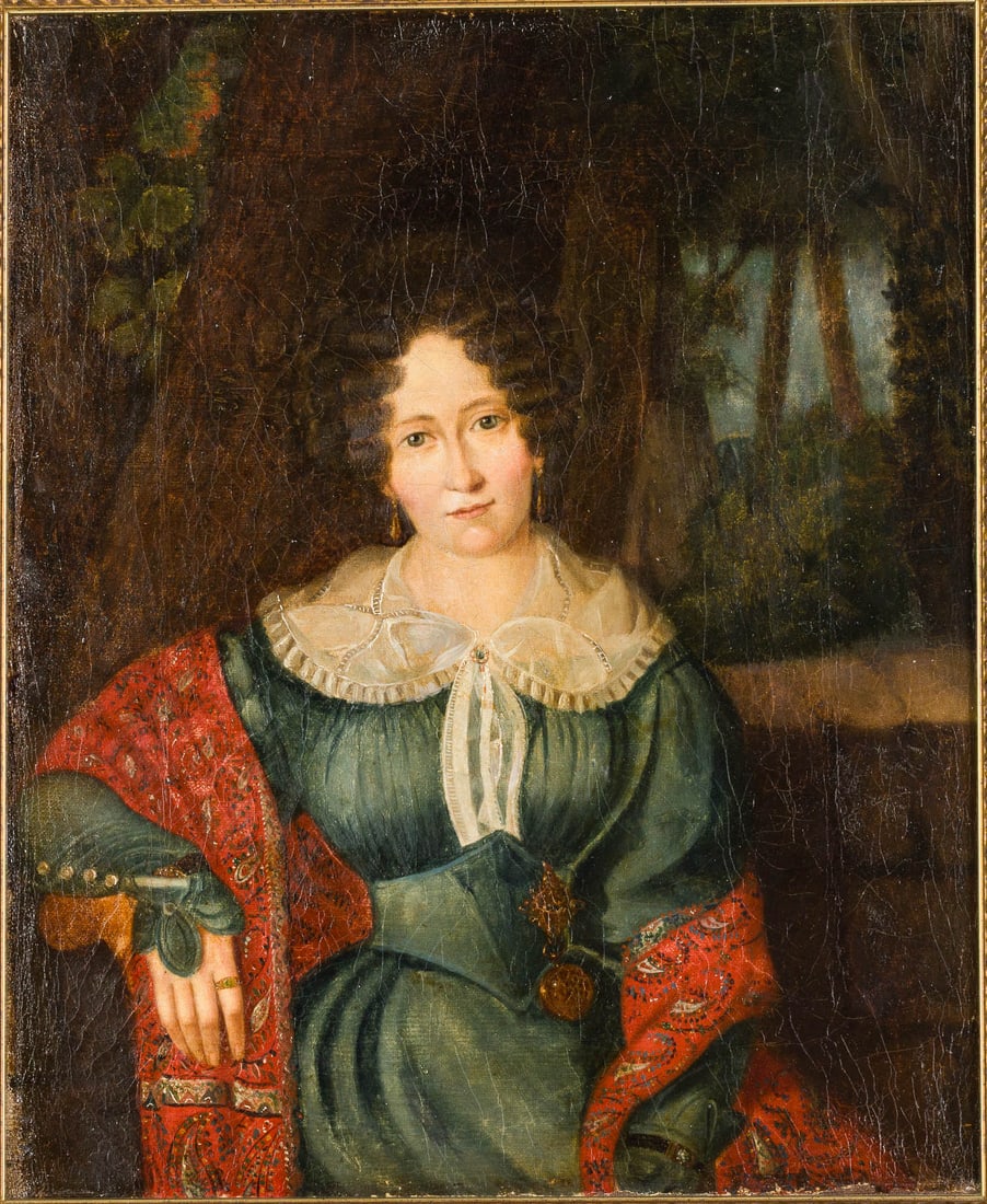 Austrian School, Portrait of Woman with Shawl 19th C: Property of Bliss Hebert and Allen Charles Klein Description: Austrian School, Portrait of Woman with Paisley Shawl, 19th C, unsigned, pencil inscribed "1617" with illegible text on verso, depicti