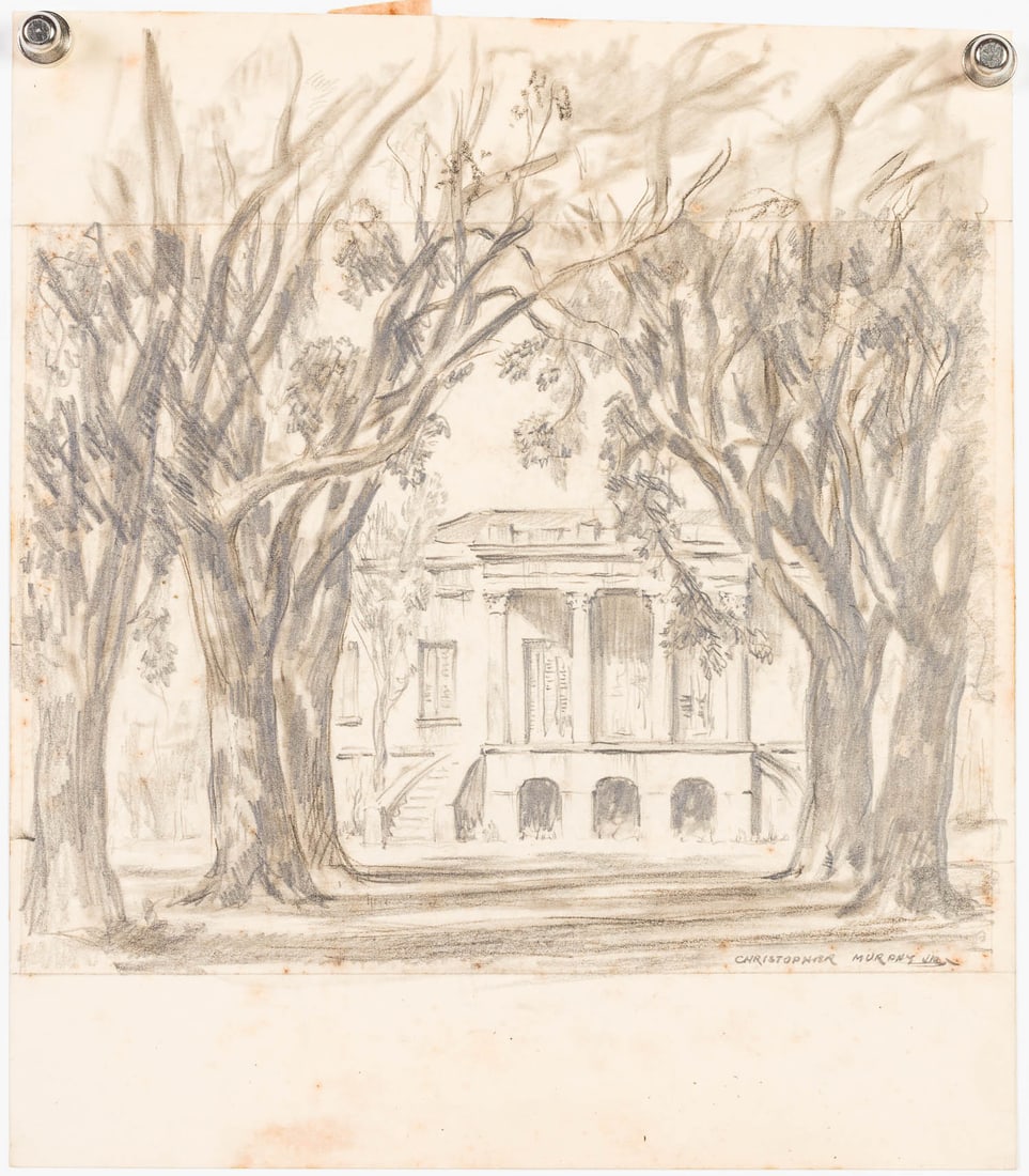 Christopher Murphy Jr. (1902-1973) Hermitage, Pencil: Property from a Private Collector, Main Description: Christopher Murphy Jr. (Savannah, 1902-1973), Hermitage, Pencil on Paper, signed lower right, depicting front facade of the Hermitage, framed by