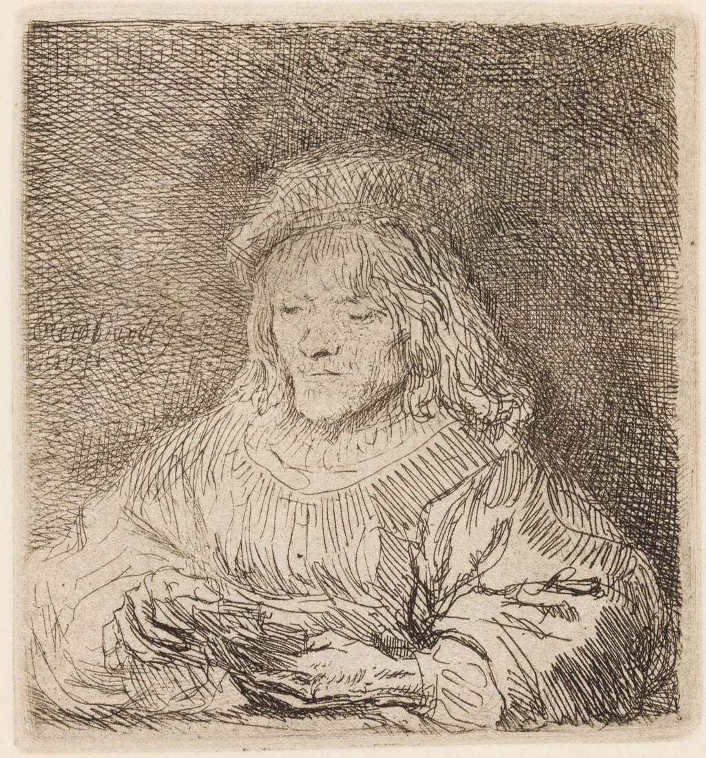 Rembrandt Etching Restrike: Property from a Savannah, GA Estate Description: Rembrandt Etching Restrike, depicting a portrait of a man reading, in a giltwood frame with mat. Frame size: 25 in. x 25 in. Measurements: Height: by