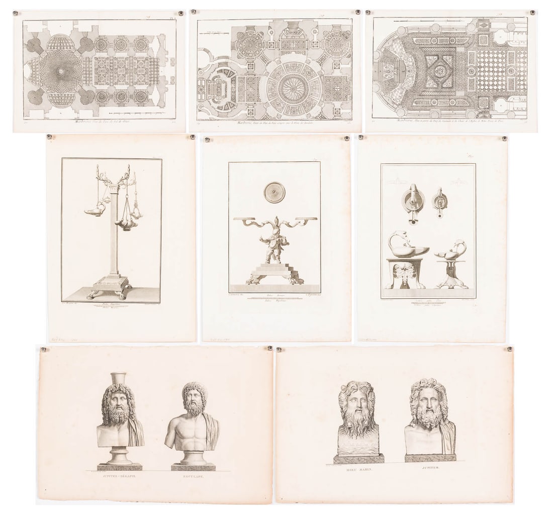 8 Unframed Engravings: Property of Bliss Hebert and Allen Charles Klein Description: 8 Unframed Engravings, comprising "Marbrerie, Plan du Pave du Val de Grace"; "Marbrerie, Partie du Plan du Pave compris sous le Dome des