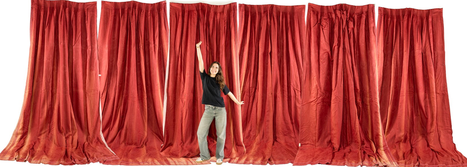 Three Pairs of Scarlet Cotton Damask Curtains: Property from a Private Collection, New York City Description: Three Pairs of Scarlet Cotton Damask Curtains, each with striped silk backings and red silk cord tiebacks. 8 ft 8 in. Provenance:
