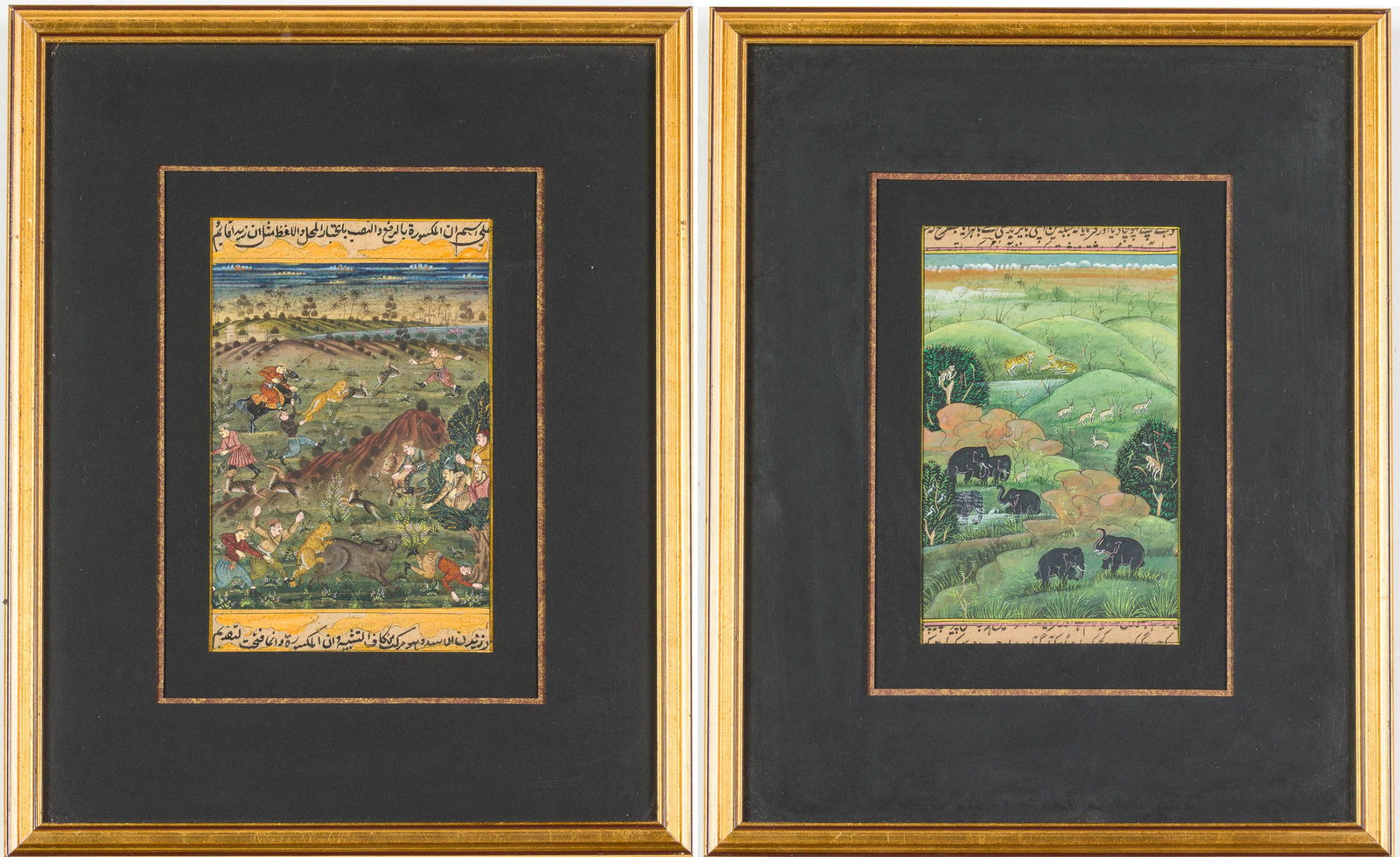 2 Framed Persian Manuscript Pages, Watercolor & Ink: Property of a Private Collector, Savannah, GA Description: Two Framed Persian Manuscript Pages, Watercolor and Ink on paper, both inscribed bands of calligraphic script in the upper and lower marg