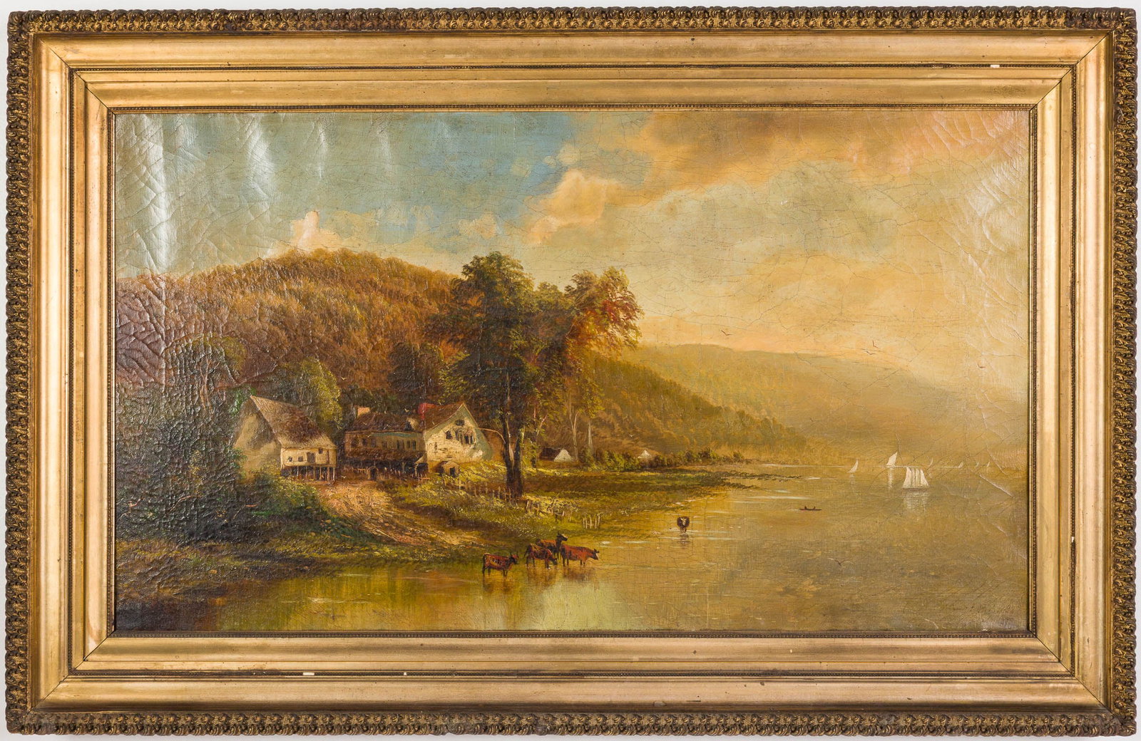 Illegibly Signed, Landscape with Cows, O/C, 1875: Description: Illegibly Signed, Landscape with Cows, Oil on Canvas, 1875, signed and dated lower right, depicting a rural landscape with a lake and a village house, in a giltwood frame. Frame size: 32