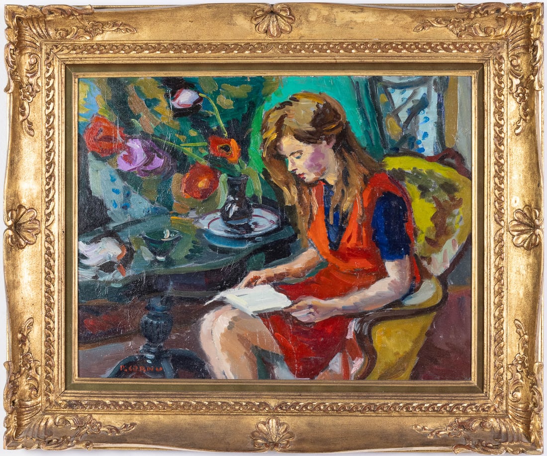 Pierre Cornu (1895-1996) Arlette a La Robe Rouge O/C: Property from a Private Collection, Savannah, GA Description: Pierre Cornu (French, 1895-1996), Arlette a La Robe Rouge, Oil on Canvas,, signed lower left, depicting a seated woman reading in a green