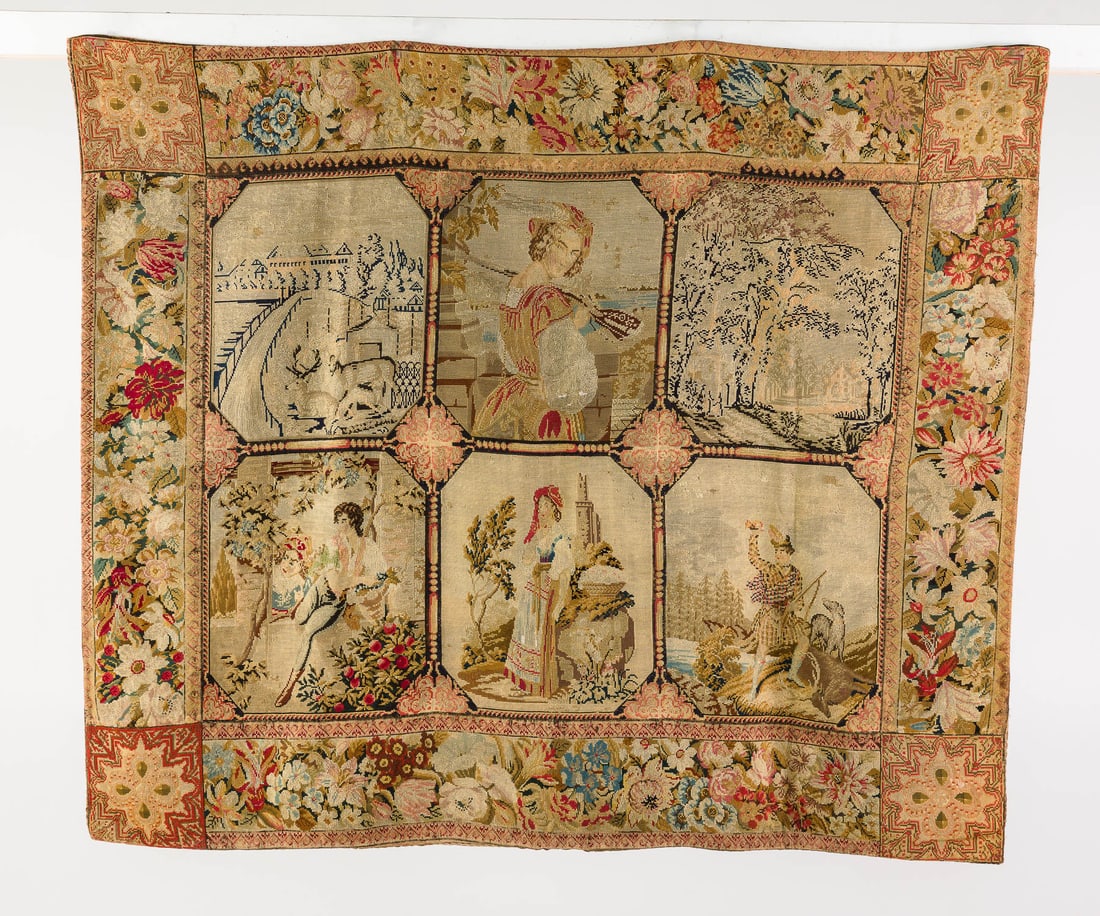 English Needlepoint Rug 19th C.: Property from a Private Collection, New York City Description: English Needlepoint Rug 19th C., with floral border and 6 central panel design depicting hunt scenes, figures and manors, with canvas