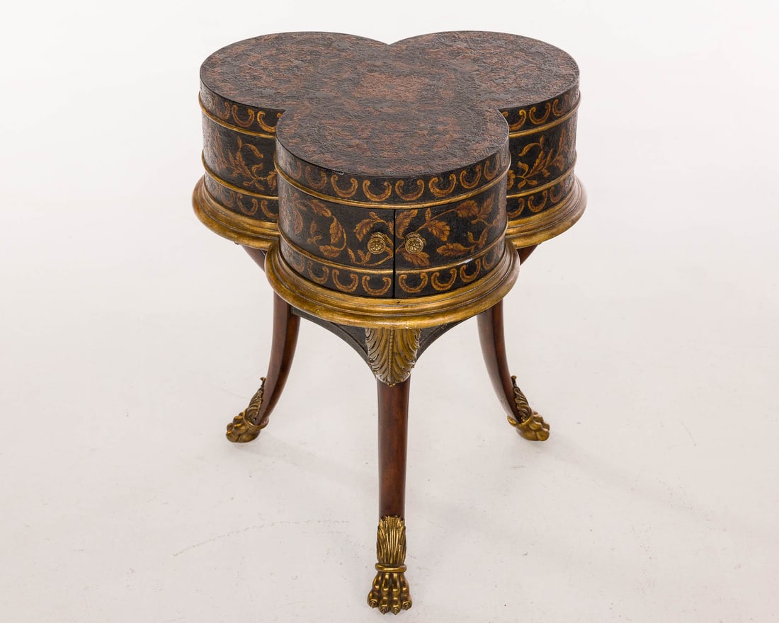 Maitland-Smith Painted Clover Form Side Table: Property of Barron Rachman, SC and NY Description: Maitland-Smith Painted Clover Form Side Table, of clover form, above hinged doors opening to the interior with Maitland-Smith label, raised on sh