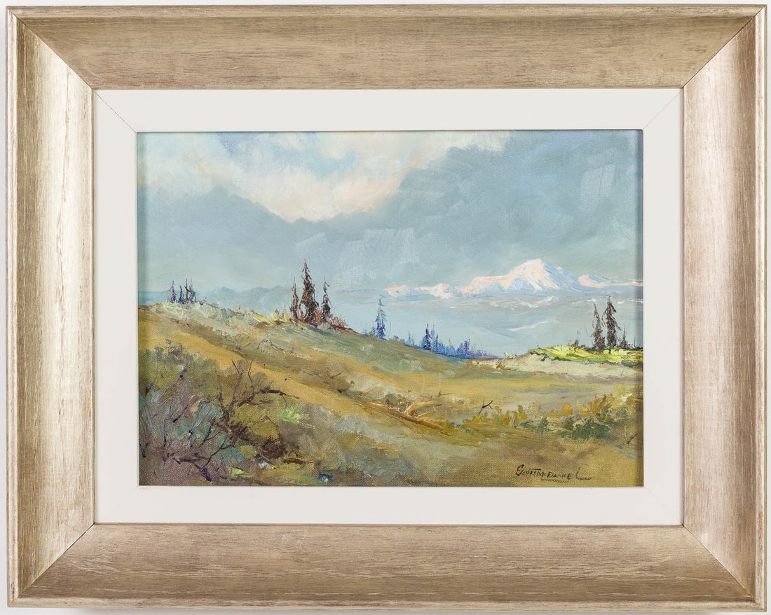 Scott McDaniel (AK/CA, 1926-2012), Mt. McKinley, O/C: Description: Scott McDaniel (AK/CA, 1926-2012), Mt. McKinley, O/C, signed lower right, depicting an Alaskan landscape with Mount McKinley in the background, pencil inscription on stretcher reads "Mt.