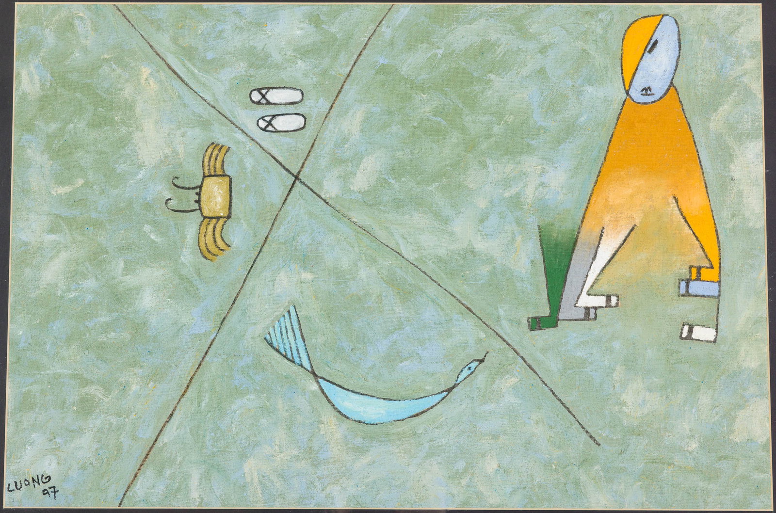 Le Thiet Cuong (Vietnamese), Man with Crab and Bird: Property of a Private Collector, Ridgeland, SC Description: Le Thiet Cuong (Vietnamese, b. 1962), Man with Crab and Bird, Gouache on Fabric, 1997, signed and dated '97 lower left, depicting an