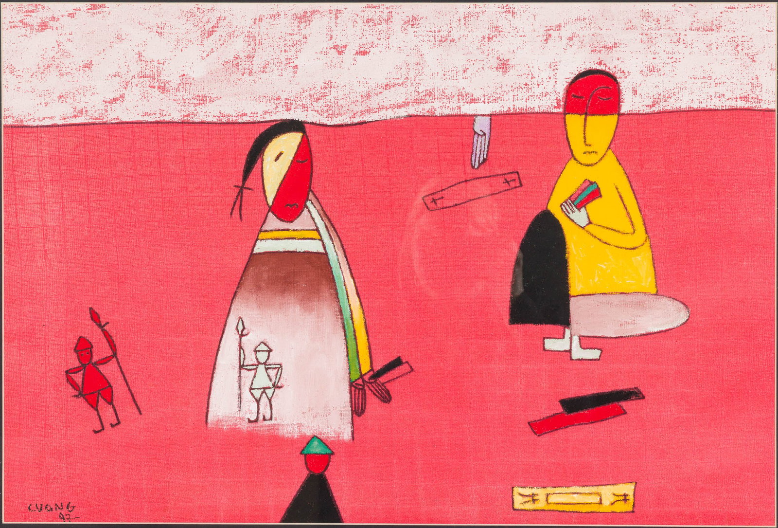 Le Thiet Cuong (Vietnamese) Figures on Red Bckground: Property of a Private Collector, Ridgeland, SC Description: Le Thiet Cuong, (Vietnamese, b. 1962), Figures on a Red Background, Gouache on Fabric, 1997, signed and dated '97, depicting an abstract