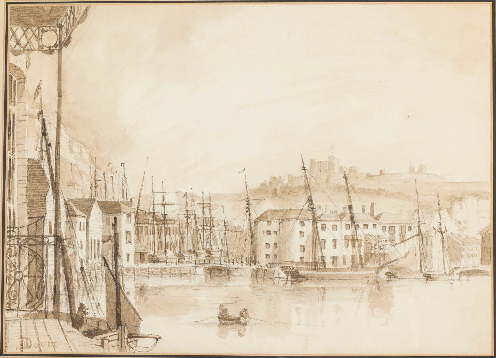 Sir Charles D'oyly, Dover Inner Harbour, W/C, 1848: Property of a South Carolina Private Collector Description: Sir Charles D'oyly, Dover Inner Harbour, Watercolor with pencil, 1848, inscribed "Dover" lower left corner, depicting a city view with boat