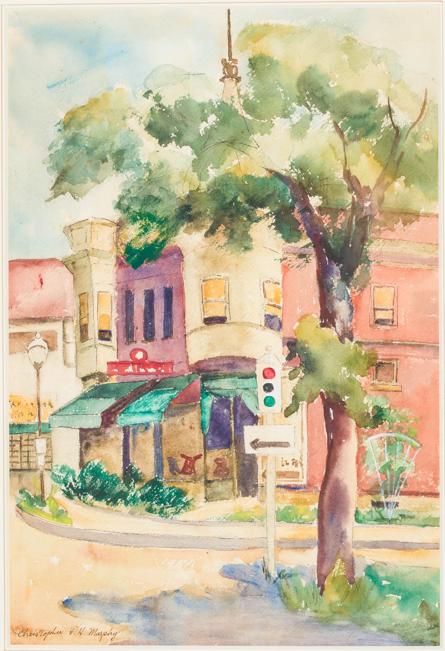 Christopher P.H. Murphy (1869-1939) City Street, W/C: Description: Christopher P.H. Murphy (Savannah, 1869-1939), City Street, Watercolor, signed lower left, depicting street view with traffic lights and a tree, in a giltwood frame with mat. Frame size:
