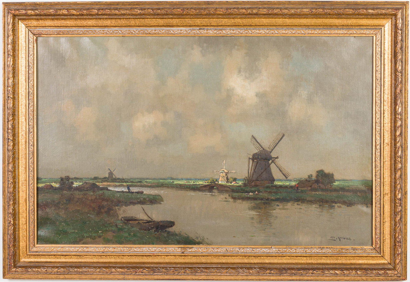 Illegibly Signed, Landscape with Windmill, O/C: Property from a Private Collection, New York City Description: Illegibly Signed, Landscape with Windmill, Oil on Canvas, signed lower right, with Christie's tag on verso, depicting a rural landscape