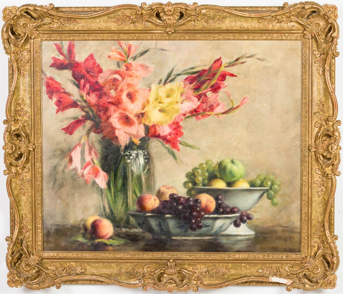 Illegibly Signed, Floral Still Life, O/C: Property from a Private Collection, New York City Description: Illegibly Signed, Floral Still Life, O/C, signed lower right, Christie's tag on verso, inscribed and dated 1854 on verso, depicting a