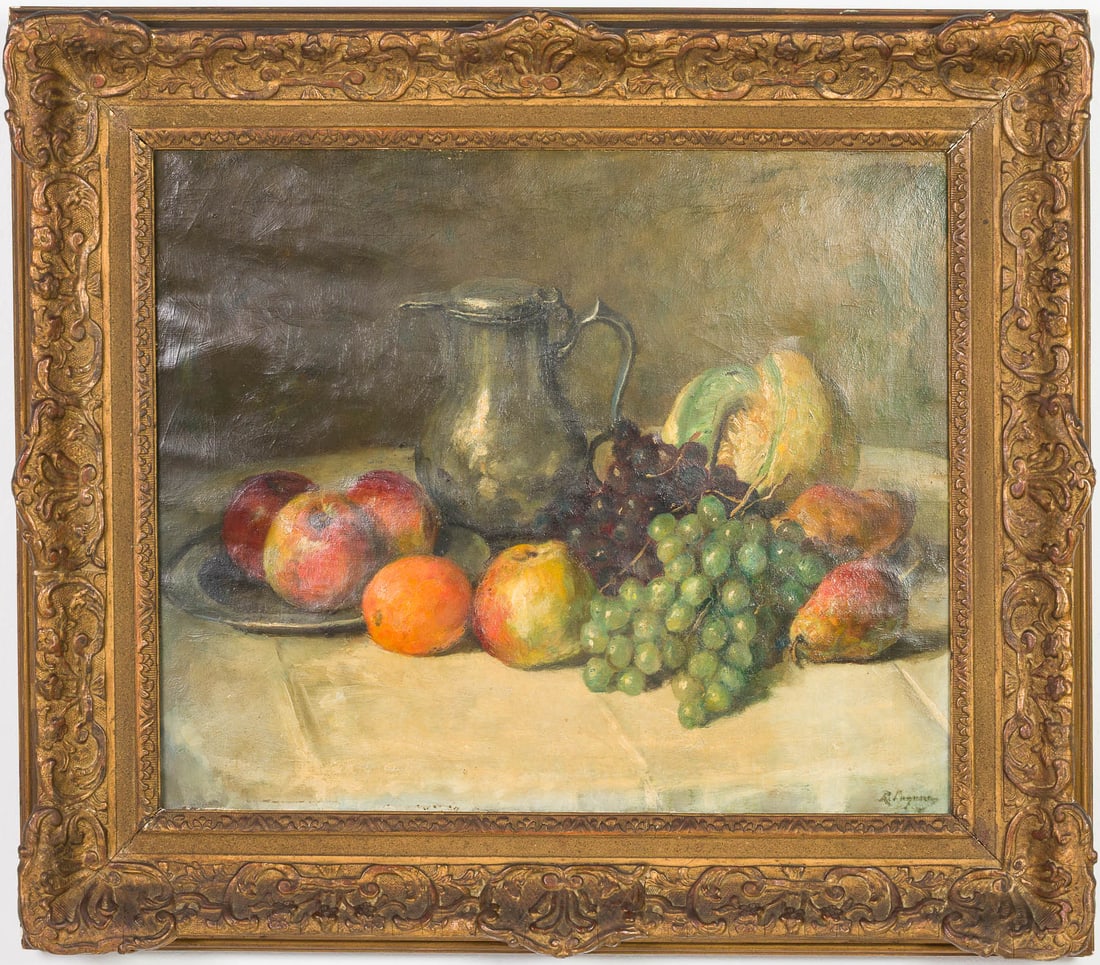Illegibly Signed, Still Life with Fruit, O/C: Property from a Private Collection, New York City Description: Illegibly Signed, Still Life with Fruit, O/C, signed lower right , depicting silver-colored pitcher alongside variety of fruits on a