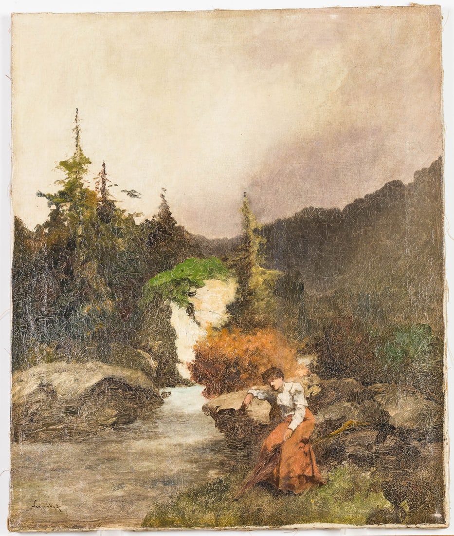 Antal Neogrady, Landscape, O/C, 19/20th C: Property from a Private Collection, New York City Description: Antal Neogrady, Landscape, O/C, 19/20th C, signed lower left, depicting a figure next to waterfall, unframed. Measurements: Height: 23