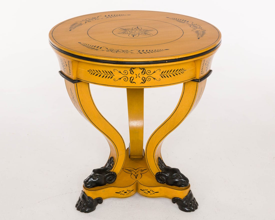 Neoclassical Style Painted Circular Table, 20th C: Property from a Private Collection, New York City Description: Neoclassical Style Painted Circular Side Table, 20th Century, of circular form above a frieze on downswept legs ending in rams heads