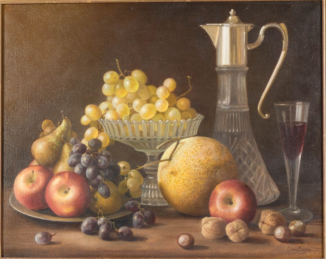 Edna Bizon (1929-2016), Still Life w Claret Jug, O/C: Property from the Sandra S. Rhodes Estate, Hilton Head Island, SC Description: Edna Bizon (British, 1929-2016), Still Life with Claret Jug, O/C, signed lower right with typed artist label and King
