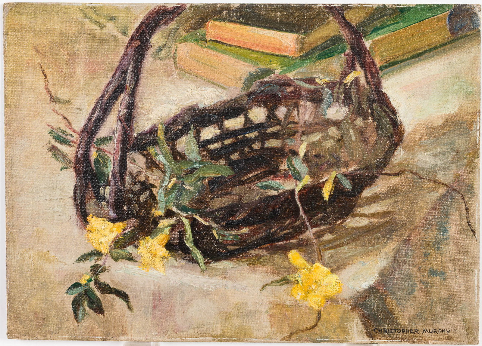 Christopher Murphy Jr, Still life with Basket, Oil: Property from The Christopher P. H. Murphy (Sr.) Family Estate Collection, Savannah, GA Description: Christopher Murphy Jr. (Savannah, 1902-1973), Still life with Basket and Flowers, Oil on