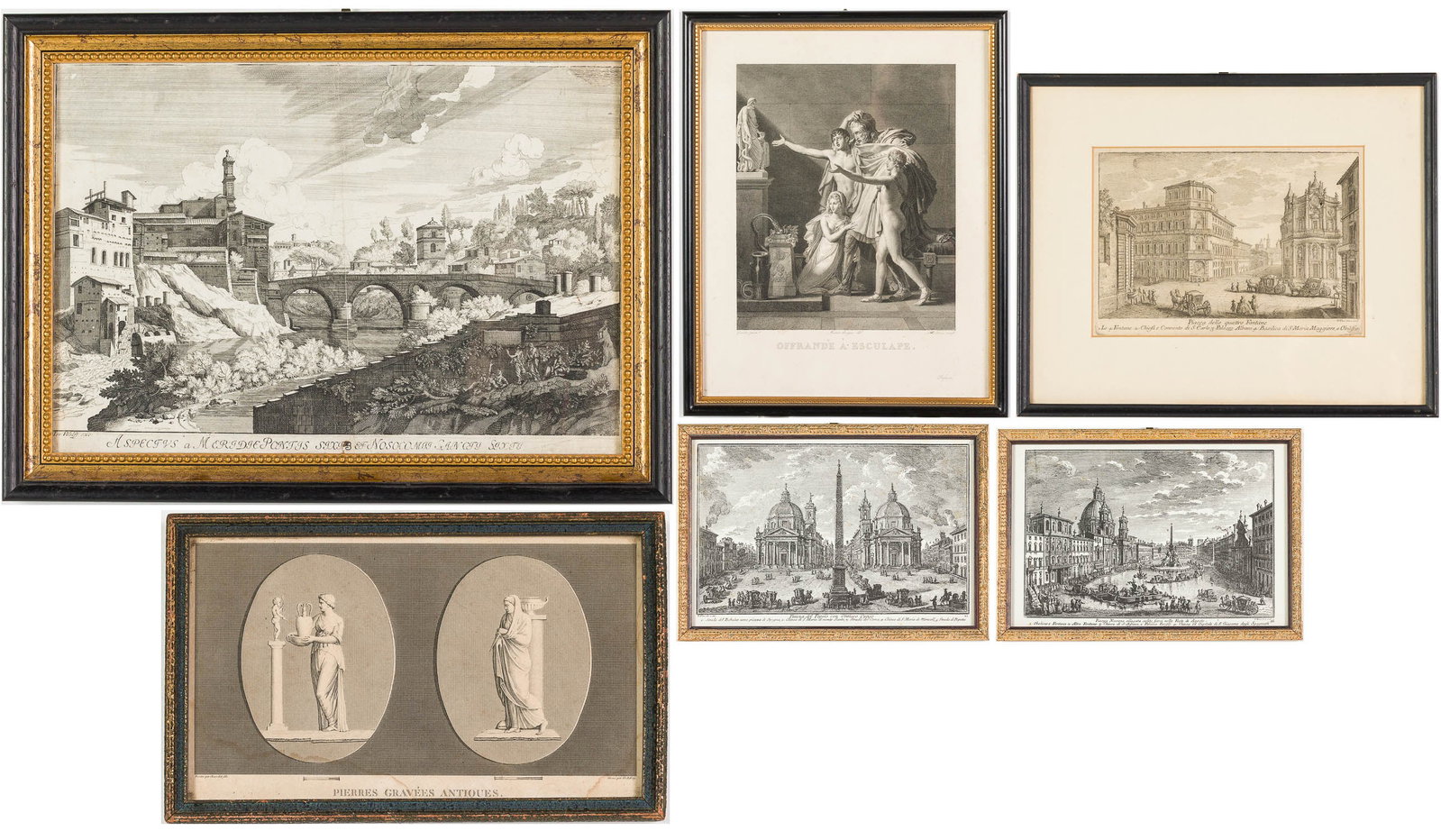 6 Misc. Engravings: Property of Bliss Hebert and Allen Charles Klein Description: 6 Misc. Engravings, comprising antique copper engraving "Pierres Gravees Antiques" by John Godfrey, 19th C. (staining to lower edge, t