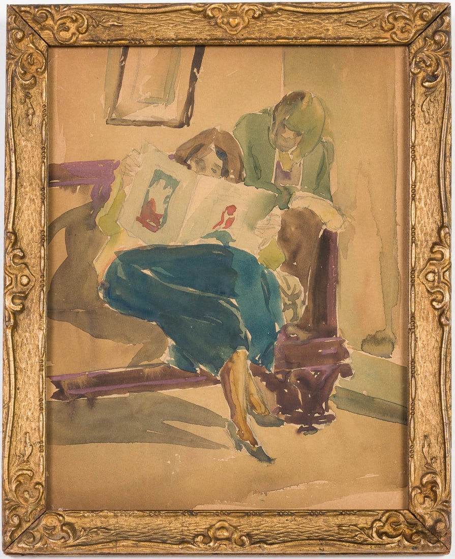Christopher P.H. Murphy, 2 Figures Reading Newspaper: Property from The Christopher P. H. Murphy (Sr.) Family Estate Collection, Savannah, GA Description: Christopher P.H. Murphy (Savannah, 1869-1939), Two Figures Reading a Newspaper, Watercolor,