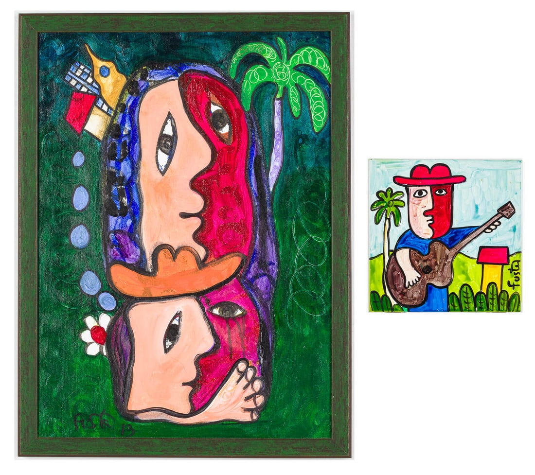 Fuster (Cuba, b 1946) Abstract Painting & Tile: Property of a South Carolina Private Collector Description: Fuster (Cuban, B. 1946), Abstract Painting and Ceramic Tile, the painting signed lower left, dated '13 depicting abstract figures in a