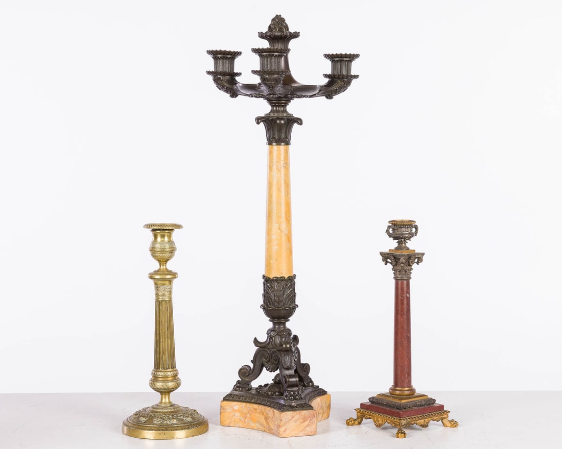 Group of Three Bronze and Stone Candlesticks, 19th C (1 of 10)