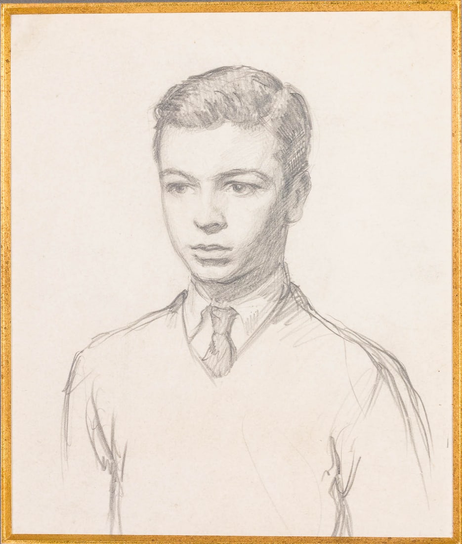 Christopher Murphy Jr., Self-Portrait, Pencil: Description: Christopher Murphy (Savannah, 1902-1973), Self-Portrait, Pencil on Paper, unsigned, depicting a young boy in a tie and jumper, matted and framed. Frame size: 16 in. x 14 3/8 in.