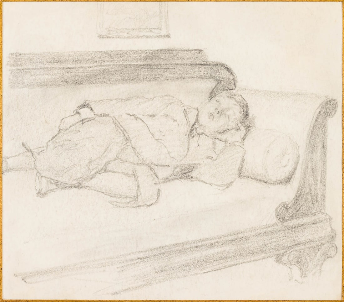 Christopher P.H. Murphy, Chris Murphy Jr. Reading: Description: Christopher P. H. Murphy (Savannah, 1869-1939), Christopher Murphy Jr. Reading on Settee, Pencil, unsigned, depicting a young boy sleeping on a sofa, in a giltwood frame with mat. Frame