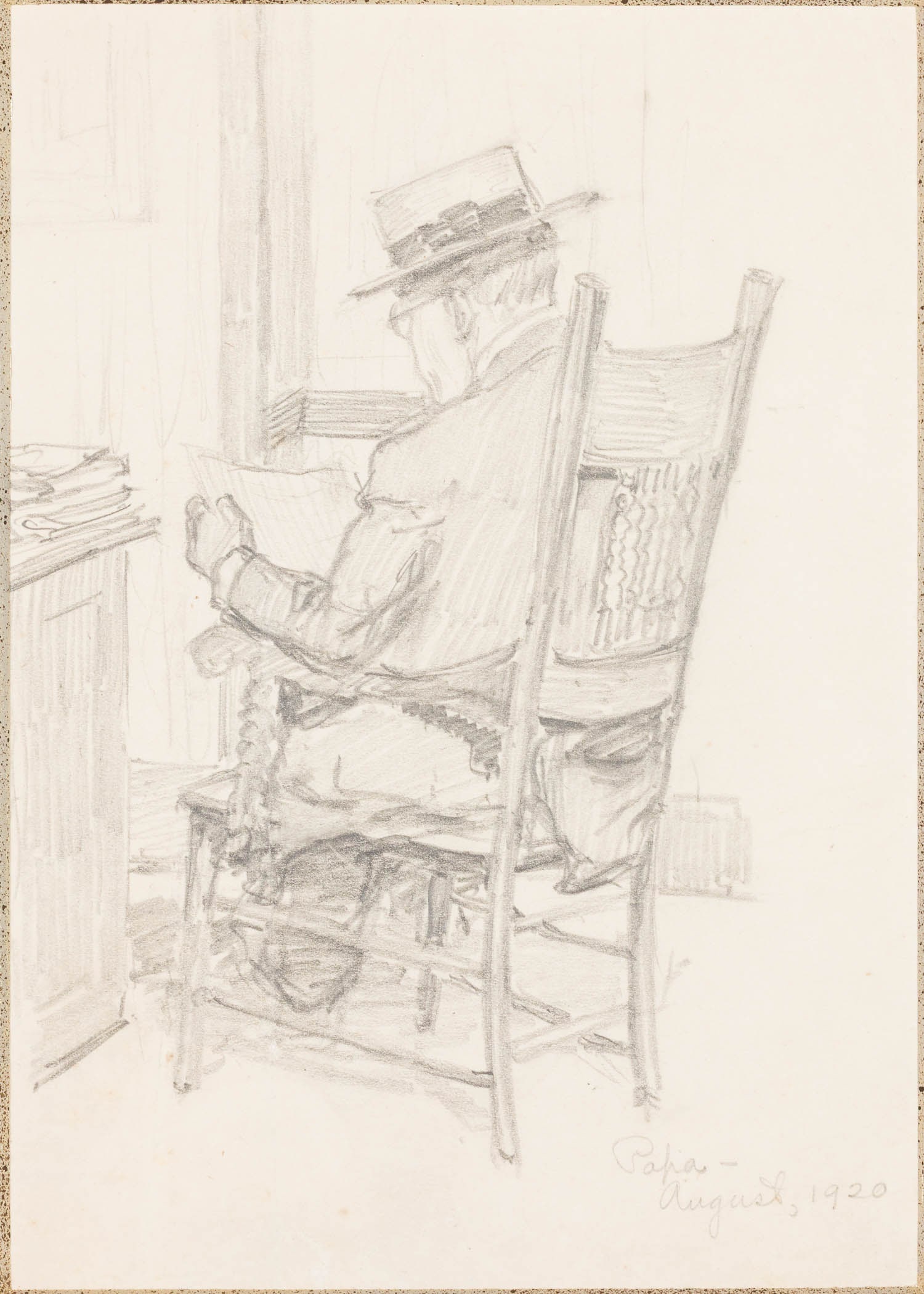 Christopher Murphy Jr., His Father Reading, 1920: Description: Christopher Murphy (Savannah, 1902-1973), His Father Reading Paper, 1920, unsigned, inscribed "Papa - August, 1920" lower right, depicting a seated male figure in a hat, seen from