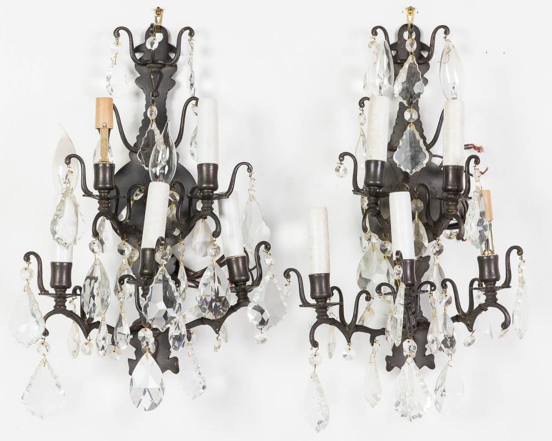 Pair of Five-Light Wall Sconces: Description: Pair of Five-Light Wall Sconces, pair of five-light metal sconces with crystal drops, now electrified. Measurements: Height: approx. overall 19 in. x Width: 13 in. x Depth: 8 in.