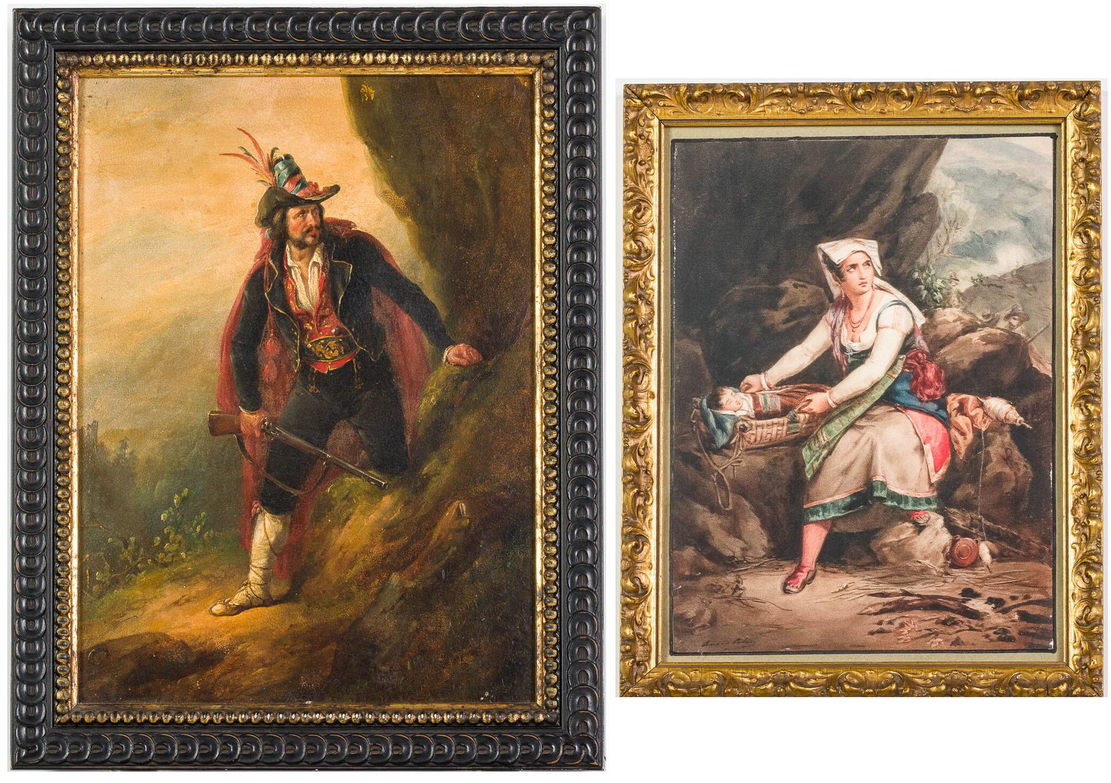 Continental School, Portrait of Bandit and a Print: Property of Bliss Hebert and Allen Charles Klein Description: Continental School, Portrait of Bandit and a Print, comprising an Italian bandit holding a musket in a mountainous landscape, and a print