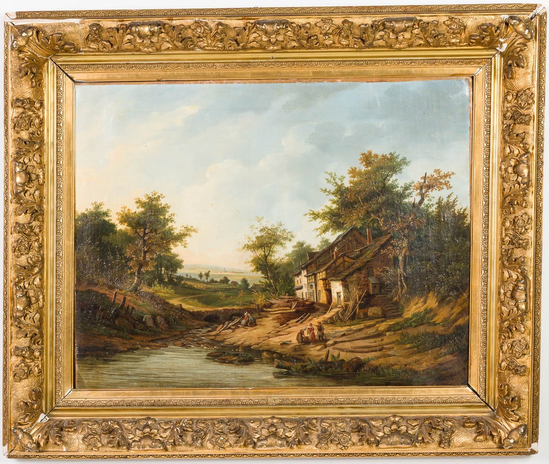 McKook, Landscape with Stream, O/C, 19th C: Property from a Private Collection, New York City Description: McKook, Landscape with Stream, O/C, 19th C, signed and dated 1848 lower right, depicting rural scene with figures next to the lake, in a