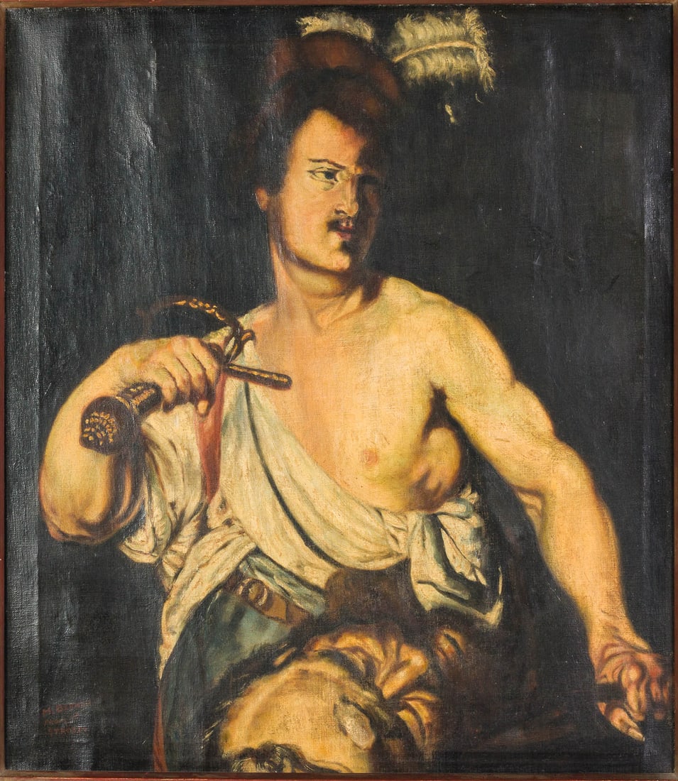 M. Berner, Study after Strozzi, O/C: Description: M. Berner, Study after Strozzi, O/C, signed and inscribed "from Strozzi" lower left, depicting the biblical story of David holding the severed head of Goliath with dark background, in a
