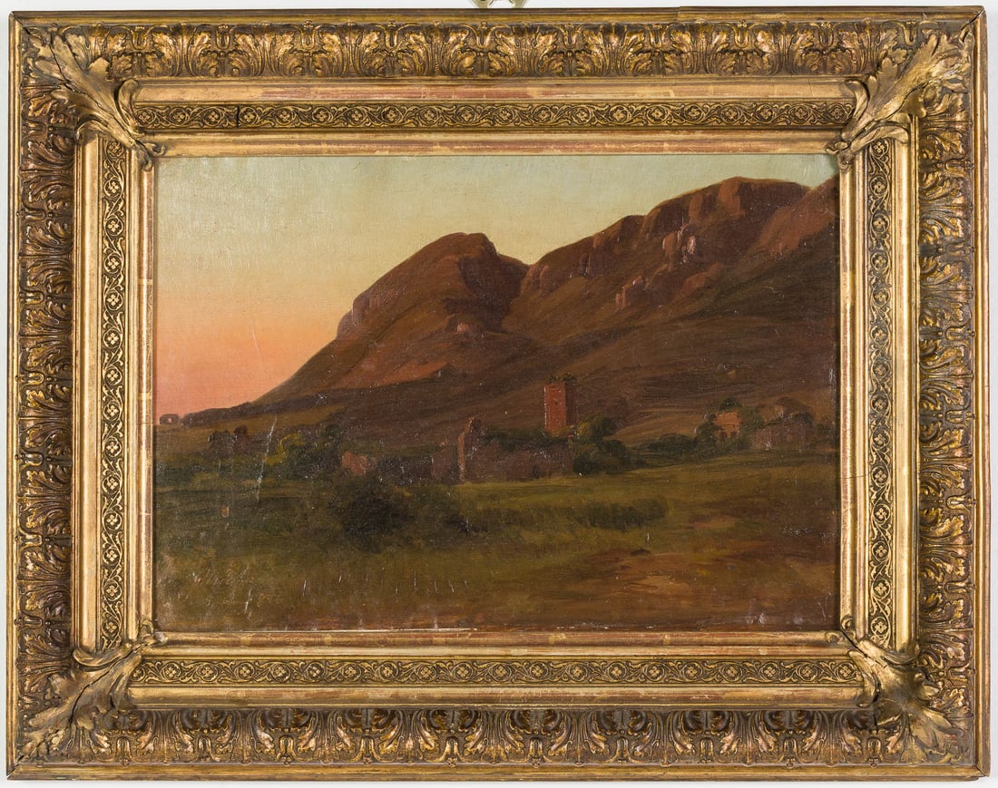 Illegibly Signed, Landscape at Sunset, O/C: Description: Illegibly Signed, Landscape at Sunset, O/C, signed and possibly dated July 1886 lower left, depicting a rocky mountain landscape with ruins, in a giltwood frame. Frame size: 16 3/8 in. x
